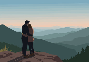 Couple embracing at sunset mountain range digital tranquil environment romantic viewpoint