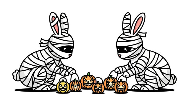 Halloween Bunny Gathering: Adorable illustrations capture two playful rabbits, imaginatively costumed as mummies, delicately arranged in front of the carved pumpkins on halloween night.