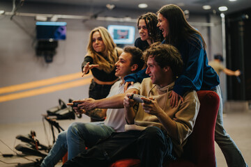 Fototapeta premium A group of young friends gathered together, playing video games and enjoying their time in a casual and relaxing setting. The environment reflects friendship, fun, and togetherness.