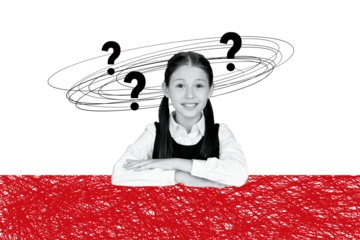 Collage 3d image retro sketch of funny girl question mark school day shopping kids education concept magazine billboard comics zine minimal