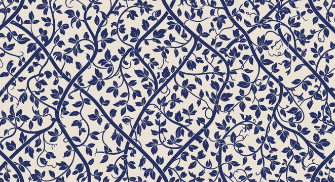 Ornate trelliswork with leafy vines, dark blue on beige, repeating