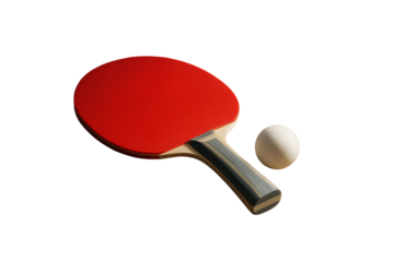 Red table tennis paddle with wooden handle and white ball isolated on clean white background, ideal for sport concept and design element. Ai generative
