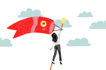 Trend artwork sketch collage of school age young girl funny hanging summer season holiday sky heaven clouds flag carp fish japanese kite