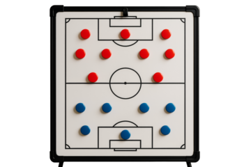 Soccer tactic board with red and blue markers in strategic positions, clean style, isolated on white background, concept of sport team planning. Ai generative