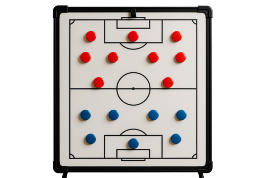 Soccer tactic board with red and blue markers in strategic positions, clean style, isolated on white background, concept of sport team planning. Ai generative