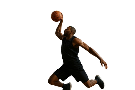 Basketball player jumping for dunk in black outfit, isolated clean cutout style on white background, concept of sport action and motion. Ai generative