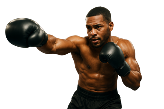 Muscular male boxer punching with black gloves, isolated style on white background. Concept of sport, strength, and action. Ai generative