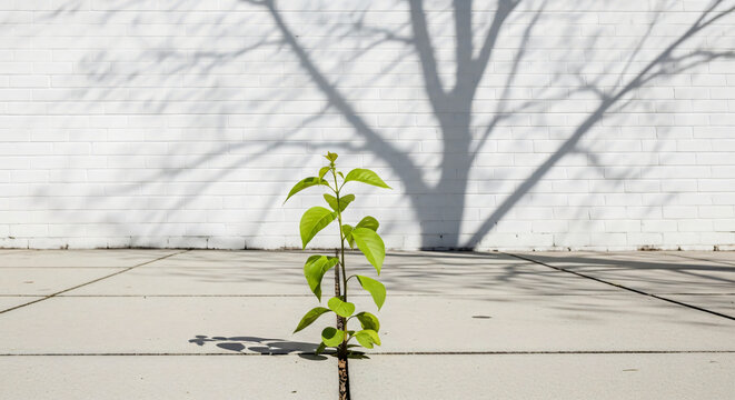 Young Green Plant Growing Through Cracked Pavement with Large Tree Shadow on White Wall Symbolizing Hope Resilience and Growth in Urban Environments - Powered by Adobe
