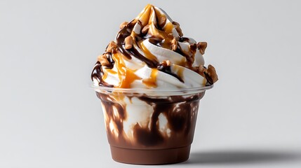 Soft serve ice cream with chocolate and caramel in cup on plain background