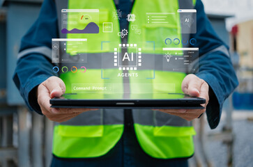 Engineer holding tablet with AI agents interface for real-time data processing and smart automation in industry, showcasing digital transformation in modern technology systems.
