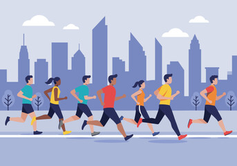 Running event participants in a city skyline sports urban environment dynamic viewpoint