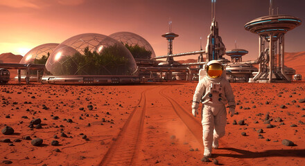 Obraz premium An astronaut walks the red Martian landscape near a futuristic colony. Botanic domes and modern architecture signify a hopeful vision for space exploration and off-world living.