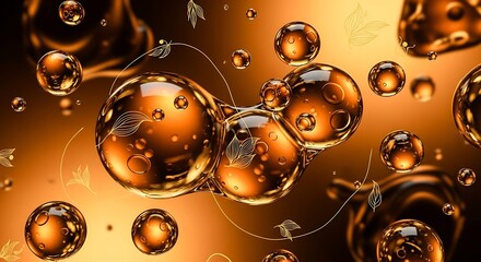 Golden bubbles float in a mesmerizing display of fluid organic shapes, creating a rich and luxurious visual effect.