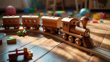 Wooden Toy Train on Track, Playroom Floor, Warm Sunlight, Childhood Nostalgia.
