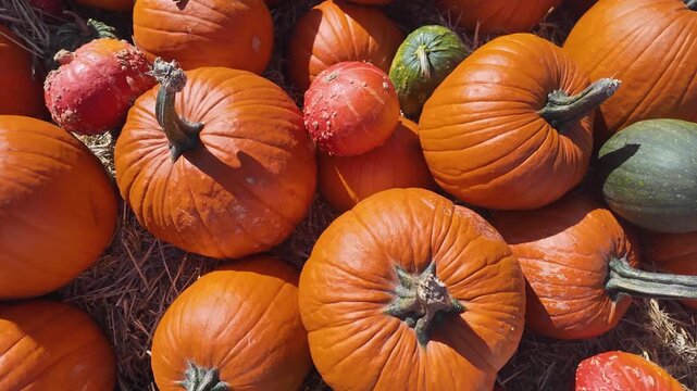 Vibrant assortment of traditional orange and decorative green pumpkins and bumpy gourds stacked on dry hay, celebrating autumn harvest season and festive fall holidays