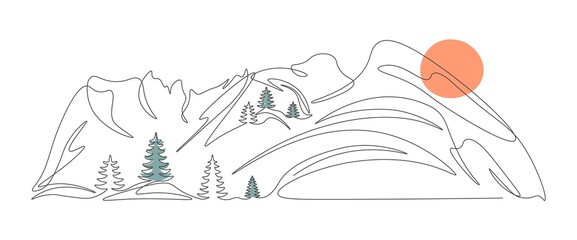Mountain landscape with fir trees. Illustration in one continuous line. Minimalistic hand drawing. Single line panoramic doodle sketch. Forest landscape silhouette and sun. Vector on white background.