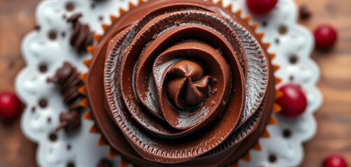 Overhead view of decadent chocolate cupcake, swirled frosting,   bakery product, chocolate cupcake