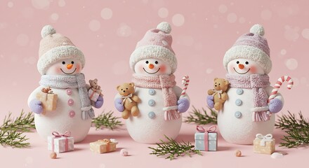 Three decorative snowmen with hats, scarves, and gifts on a pink background