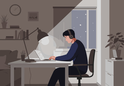 Studying at home during winter cozy indoor workspace digital calm environment focused perspective