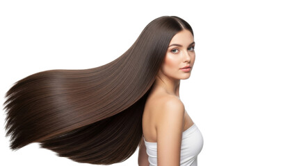A young caucasian woman with exceptionally long, straight, dark brown, high-gloss hair and a white strapless top, confidently looking over shoulder on white studio background, concept of luxurious