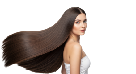 A young caucasian woman with exceptionally long, straight, dark brown, high-gloss hair and a white strapless top, confidently looking over shoulder on white studio background, concept of luxurious