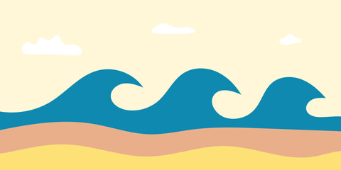 Stylized illustration of ocean waves crashing on a sandy beach under a light sky with clouds.