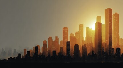 Obraz premium City skyline at sunset with silhouetted skyscrapers and warm golden light