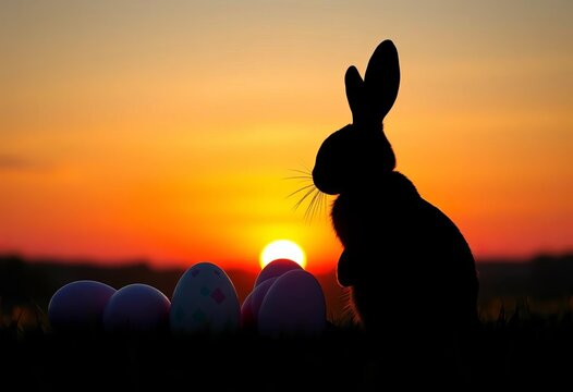 Silhouette of Easter eggs and bunny against a sunset,  vector,  silhouette design