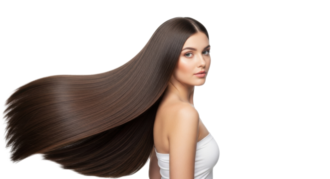 A young caucasian woman with exceptionally long, straight, dark brown, high-gloss hair and a white strapless top, confidently looking over shoulder on white studio background, concept of luxurious