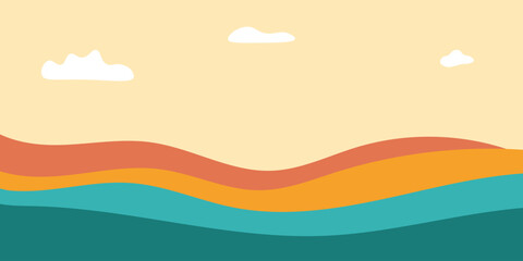 Abstract minimalist landscape illustration featuring colorful wavy layers resembling hills or ocean waves under a light sky with simple cartoon clouds.