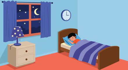 Cartoon boy sleeping peacefully in bed at night, child resting under blanket, bedroom with moon, stars, clock, lamp, window
