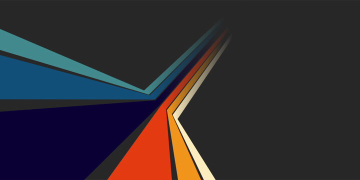 Retro-inspired abstract background with converging and diverging colorful lines on a dark grey backdrop, creating a dynamic sense of perspective.