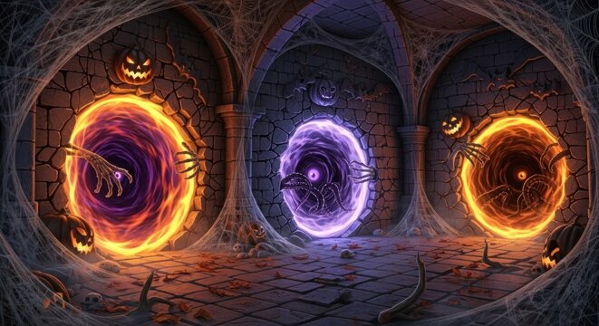 Spooky portals beckon within a stone hall