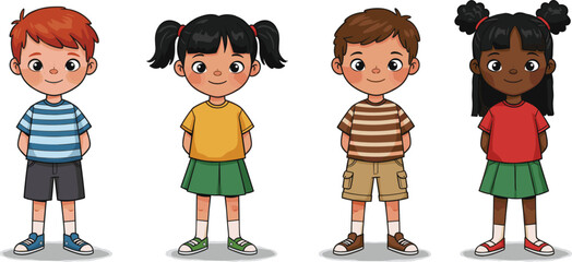 Cartoon group of diverse children standing together, cute boys and girls smiling, kids in casual clothes, happy childhood illustration, school concept