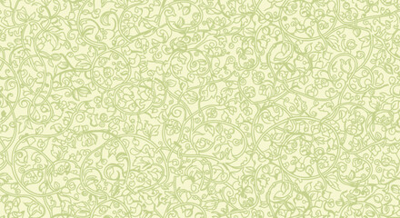 Light green floral pattern on pale background with interwoven vines, leaves, and stylized flower forms