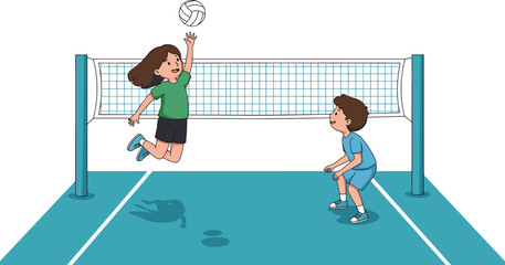 Cartoon kids playing volleyball, girl jumping to hit ball, boy ready to defend, sports activity, fun teamwork, school playground illustration