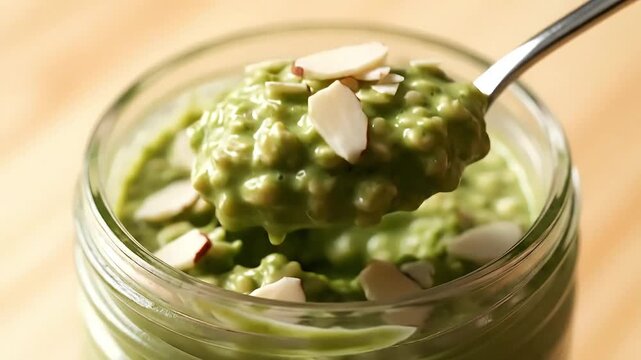 Scooping delicious vibrant green overnight oats possibly matcha topped with crunchy almond slices from a clear glass jar A healthy and wholesome vegan breakfast
