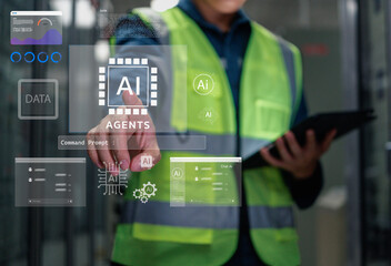 Engineer interacting with AI agents via futuristic touchscreen interface for data analysis, automation, and digital control in industrial environments, highlighting smart technology systems.