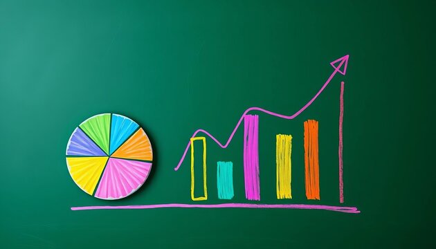 Vibrant pie chart, bar graph, and line graph drawn in colorful chalk on a dark green chalkboard,  design,  chart - Powered by Adobe
