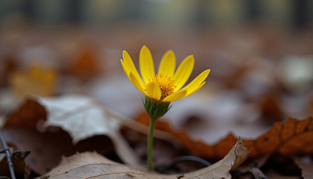 Small yellow flower growing up through fallen autumn leaves in forest