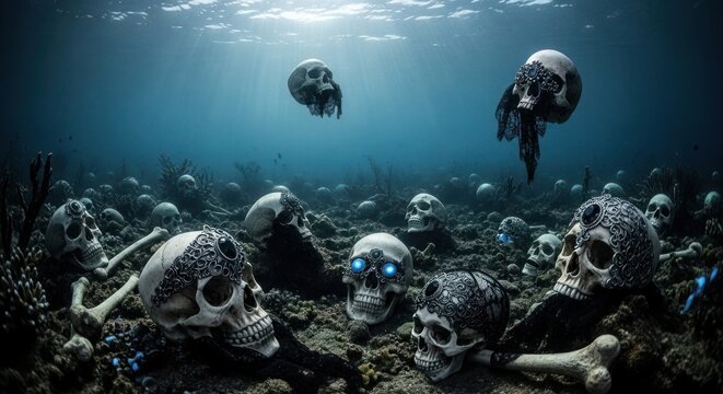 Sunken Skull Graveyard Underwater macabre scene