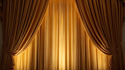 Golden Curtains with Intricate Folds and Delicate Shimmering Fabric Texture