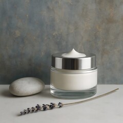 Skincare Cream with Lavender and Stone on Blue Background