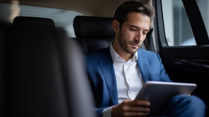 A focused businessman using a tablet in the back seat of a luxury car, exemplifying modern work-life balance.