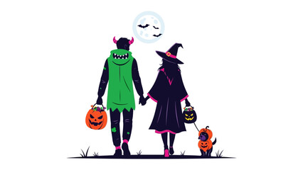 Halloween Stroll: A charming illustration depicts two figures in Halloween costumes, one a monster and the other a witch, walking hand-in-hand under a full moon with bats.