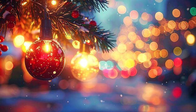 Christmas lights on a snowy tree branch.  Bokeh effect - Powered by Adobe