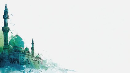 Watercolor-style depiction of a mosque, teal and green hues, situated on the left, leaving ample white space to the right.  A minimalist, serene image suggesting peace and spirituality