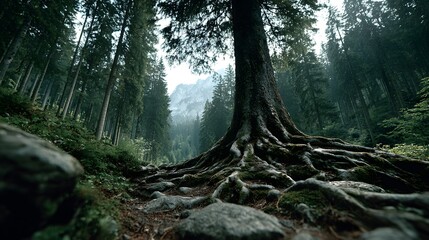 A massive tree with sprawling roots dominates the foreground of a lush forest, inviting exploration towards the distant mountains on a misty afternoon walk.