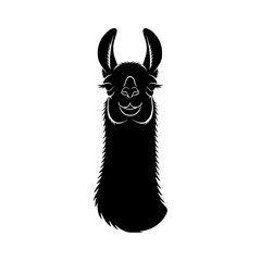 Naklejka premium Vector art of black and white silhouette of a stylized llama with curved horns