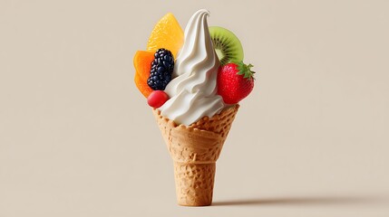 Soft serve ice cream in waffle cone with fruit decoration on blank background